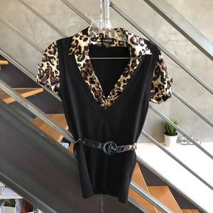 Bebe Leopard and black belt sweater shirt blouse